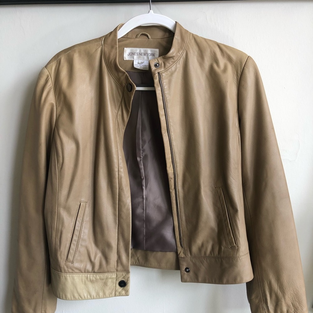 Jones New York 100% Leather Cropped Tan Jacket